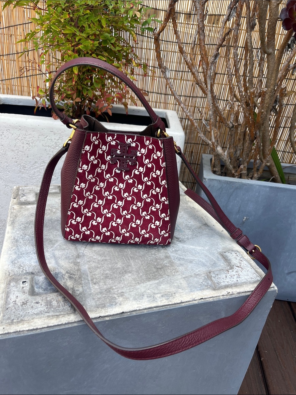 Tory Burch Burgundy and White Monogram Jacquard Bucket Crossbody